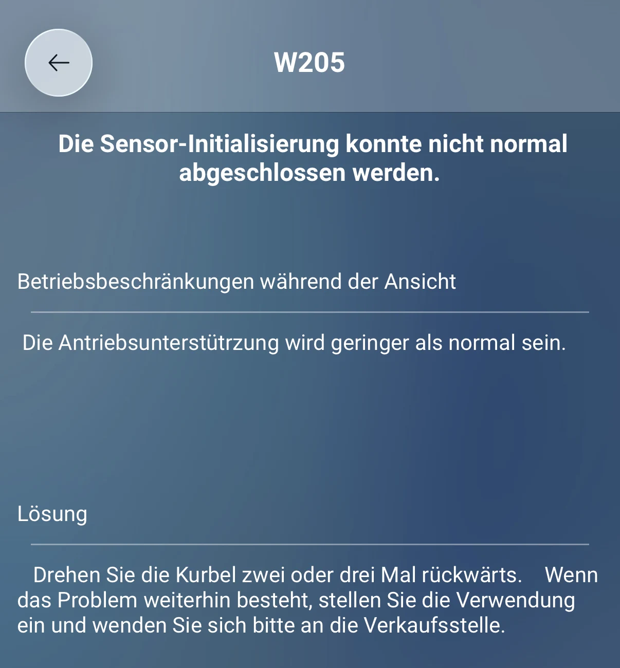 Detailansicht zu Fehlercode W205 in der E-TUBE Cyclist App mit Ursache und Lösung